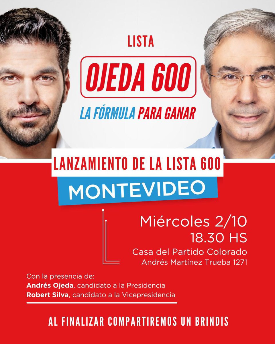 democratas_RIV's tweet photo. Mañana: LANZAMIENTO de #La600
En la casa del Partido, Rivera dirá presente estaremos con nuestro líder @BrTapiaa18 y nuestro candidato a Diputado Oscar Márquez, acompañado a @RobertSilvaUy
#Ojeda600 #LaFormulaParaGanar https://t.co/cJUcTcwb45