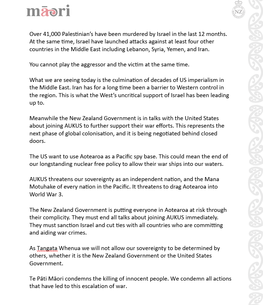 Te Pāti Māori Statement on Israel &amp; Iran