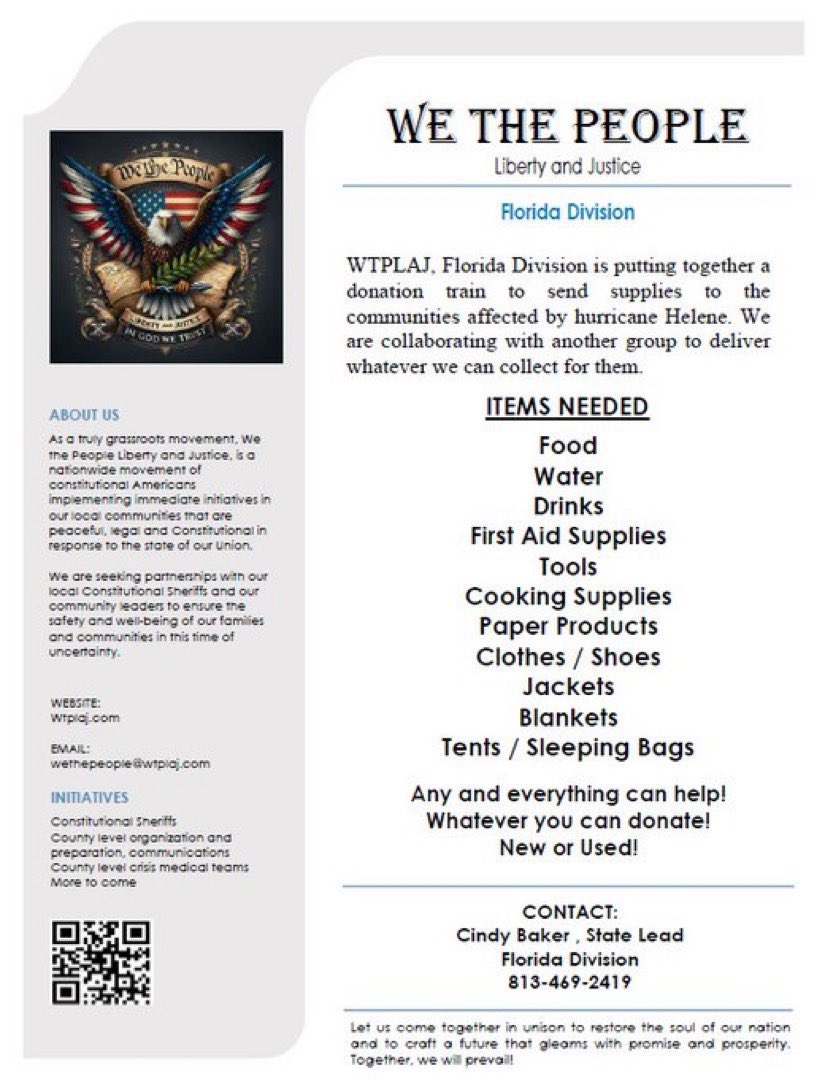 backwoodhillbi1's tweet photo. WTPLAJ Florida Division is putting together a donation train to send supplies to the communities affected by Hurricane Helene. We are partnering w/ another group to deliver whatever we can collect for them. Please get in touch w/ @Bakerfour to donate! Thank u! 🤙🇺🇸🤟 https://t.co/hIQ7pnld3Y