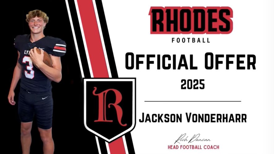 Jackson Vonderharr (@jacksonv2025) on Twitter photo After a call with <a href="/coachrichduncan/">Rich Duncan</a> I’m grateful to receive an offer to play football at Rhodes College. Looking forward to checking out the game day environment this weekend.
<a href="/CoachKalb1/">Matt Kalb</a>
<a href="/JPIIKnightsFB/">JPII Football</a>
<a href="/CSmithScout/">Chris Smith</a> After a call with <a href="/coachrichduncan/">Rich Duncan</a> I’m grateful to receive an offer to play football at Rhodes College. Looking forward to checking out the game day environment this weekend.
<a href="/CoachKalb1/">Matt Kalb</a>
<a href="/JPIIKnightsFB/">JPII Football</a>
<a href="/CSmithScout/">Chris Smith</a>