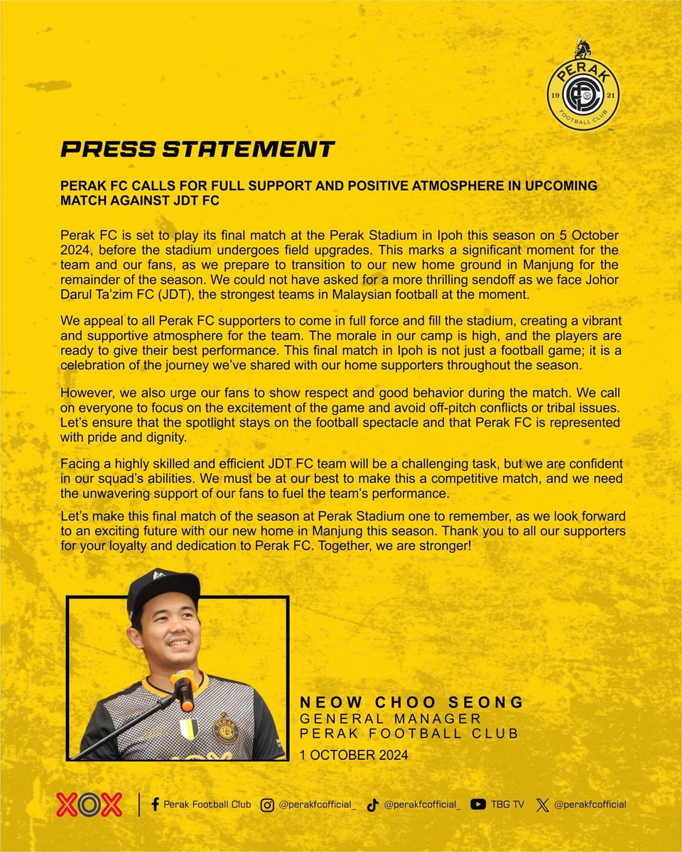 Kenyataan Media dari Pengurus Besar Perak FC - Neow Choo Seong

🤍💛🖤

#PerakFC