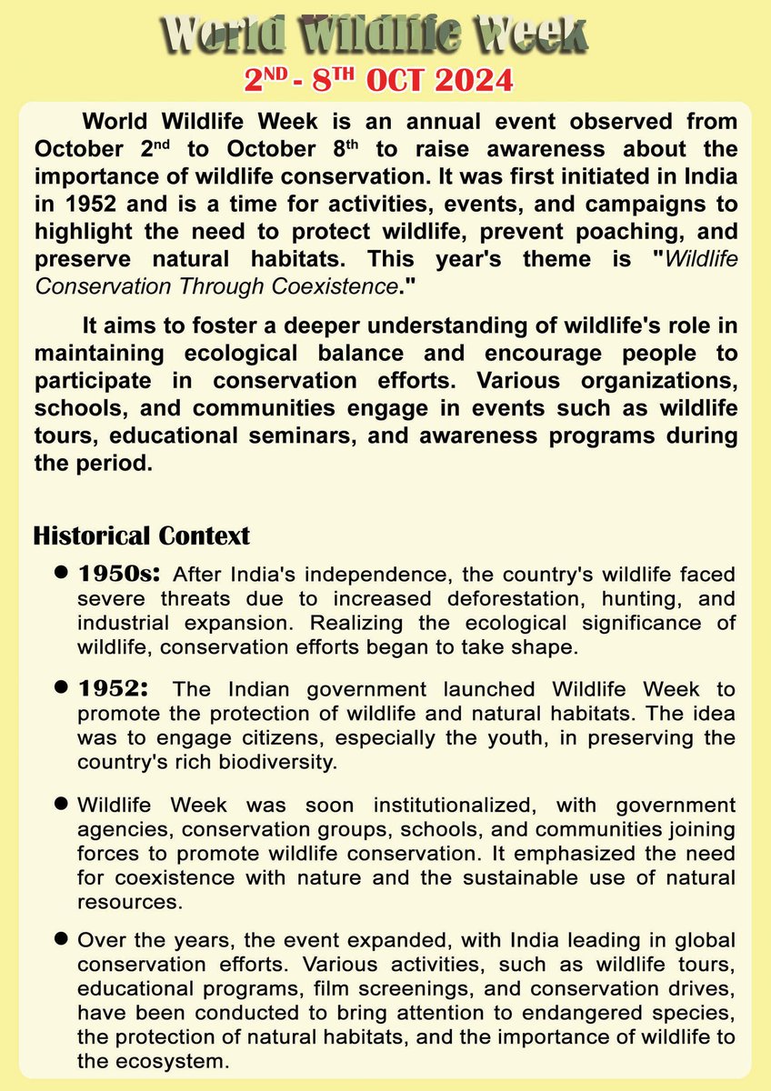 EiacpNagaland's tweet photo. World Wildlife Week
Date: 2nd October to 8th October 2024

Theme: "Wildlife Conservation Through Coexistence"

#WorldWildlifeWeek #Wildlife #flora #fauna #biodiversity #fyp #EIACP https://t.co/ynklI74TUa