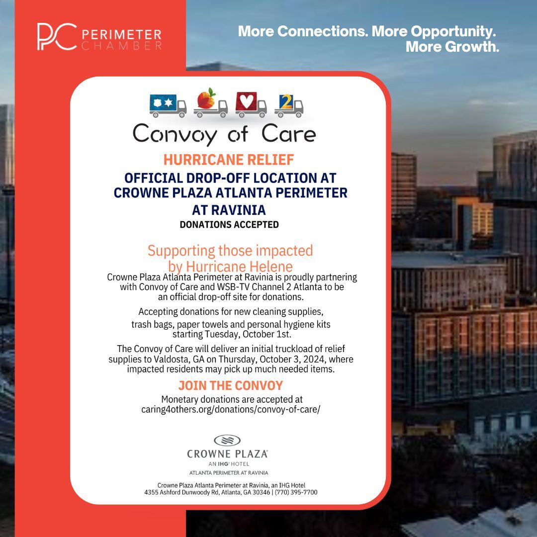 PerimeterBiz's tweet image. The Crowne Plaza Atlanta Perimeter at Ravinia is now an official drop-off spot for hurricane relief donations! You have until Saturday, Oct 5 at 3 PM to drop off donations before departure!

#HurricaneHelene