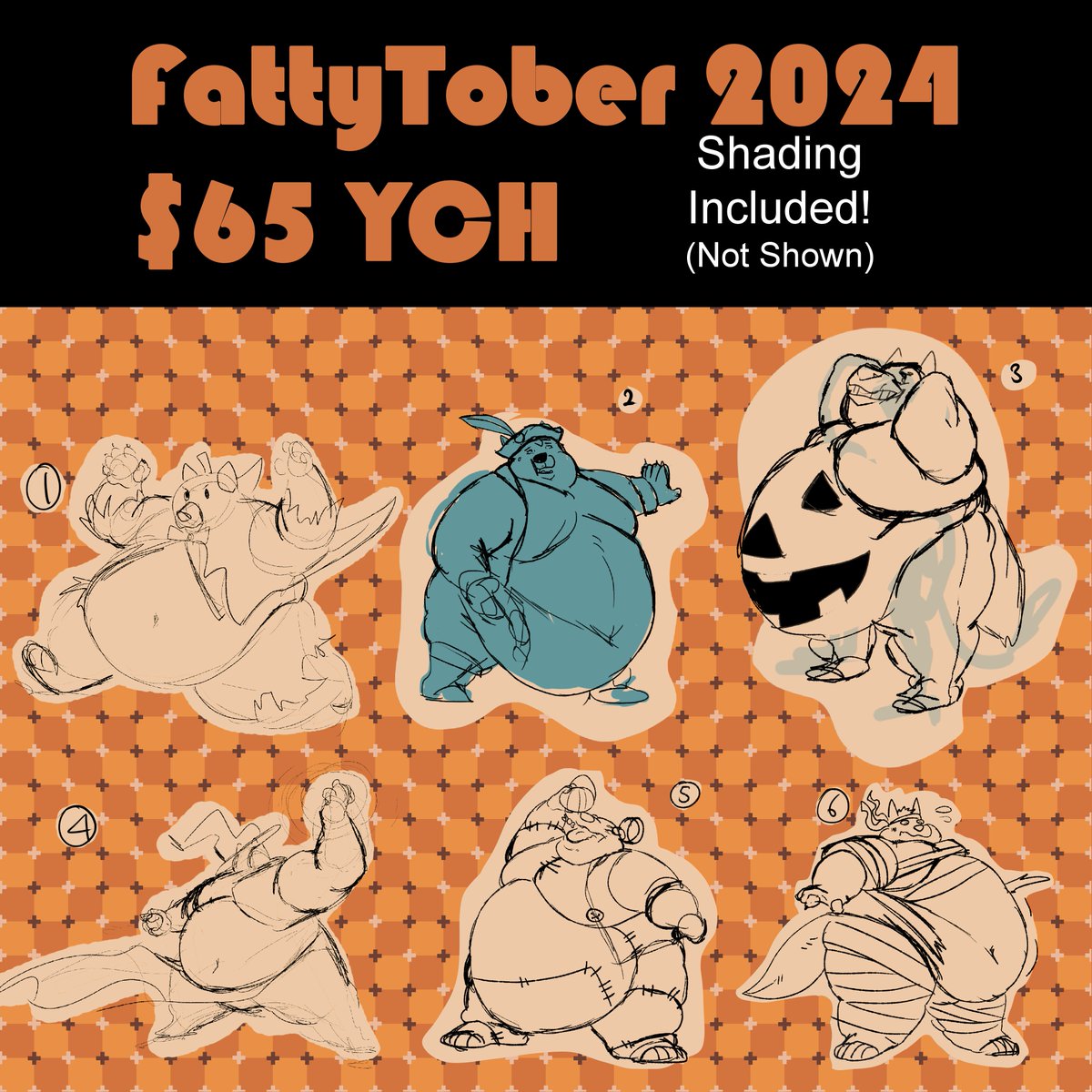 New YCHs for October! If you're interested, hit me up.

For clarity, 
1. Scarecrow/Pumpkinhead
2. Pirate
3. Pumpkin Gut
4. Mage
5. Frakenstein's Monster
6. Mummy