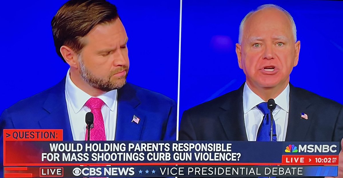 Great answer by <a href="/GovTimWalz/">Governor Tim Walz</a> on ending killing of students with firearms &amp; assault weapons. No clear response from #JDVance but to agree with the longtime lawmaker &amp; current governor whose son experienced threat of #GunViolence.