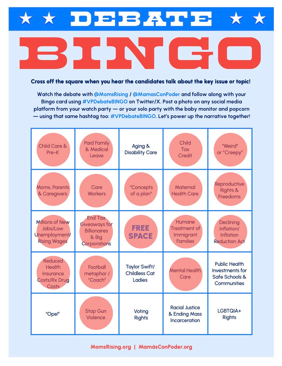 MomsRising's tweet image. Acknowledging our CARE WORKERS when we talk about #ChildCare and #PaidLeave gives us another #VPDebateBingo from @TimWalz! #MomTheVote #VPDebate2024