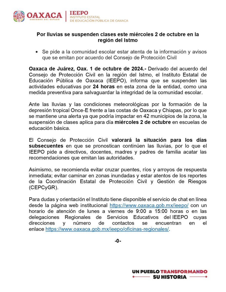 salomonj's tweet photo. Debido a las condiciones meteorológicas por la formación de la depresión tropical Once-E, informamos que, para garantizar la seguridad de la comunidad estudiantil y docente de la región del Istmo, hemos decidido suspender las clases en las escuelas de educación básica este miércoles 2 de octubre. Le pedimos a la población mantenerse en sitios seguros e informarse a través de fuentes oficiales.