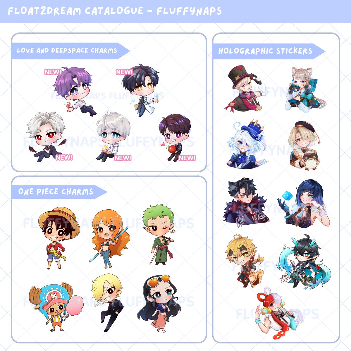 FluffyNaps's tweet image. Here's the updated catalog for October :3

New stuff includes:
- Ado Print
- Sakura Miku Print
- More Star Rail charms
- Love and Deepspace charms!