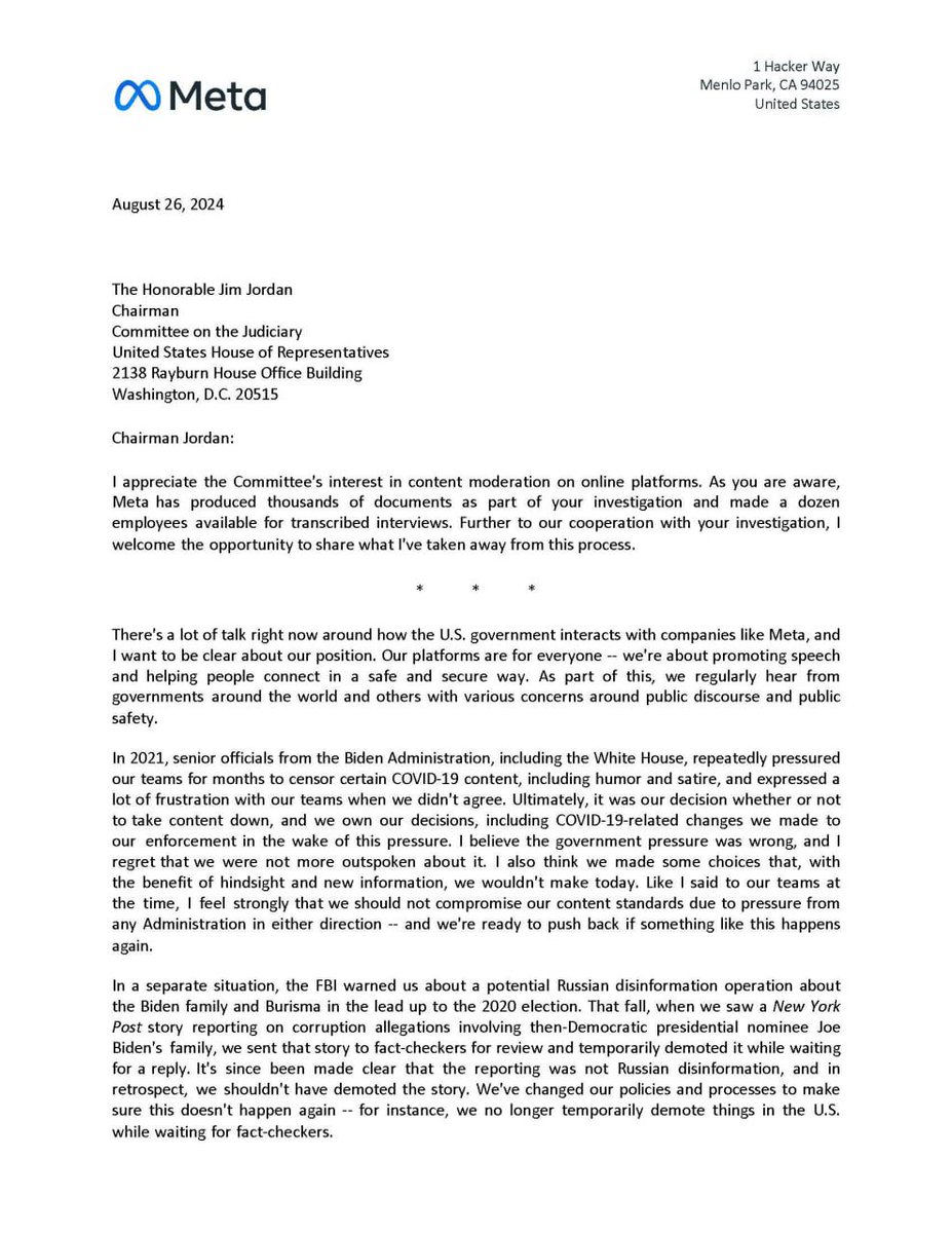 charliekirk11's tweet photo. FACT-CHECK: JD Vance asked Tim Walz why his boss Kamala Harris supported the censorship of Americans on Facebook for disagreeing with federal government's COVID response...

TIM WALZ: "I don't run Facebook"

FACTS: Mark Zuckerberg, in a letter to Chairman Jim Jordan and the House Judiciary Committee, wrote that he "regrets" working with the Biden-Harris administration, which "repeatedly pressured" Meta's teams "for months" to censor COVID posts, including satire and humor, "I believe that government pressure was wrong, and I regret that we were not more outspoken about it."
