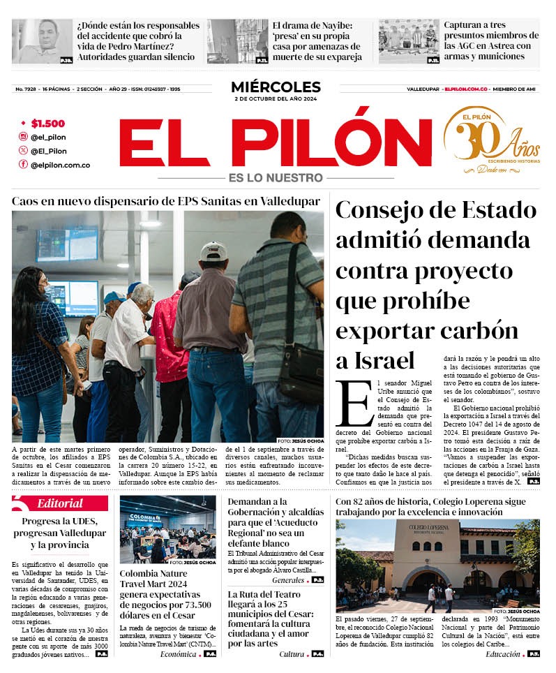 El_Pilon's tweet photo. ¡Buen día, lectores! ⛅️ Esta es nuestra portada de hoy miércoles 2 de octubre. 

💻Los invitamos a visitar nuestra página web: https://t.co/CQmMdnogAJ

#elpilon #cesar #valledupar #elpilon https://t.co/aT7KkgJx0r