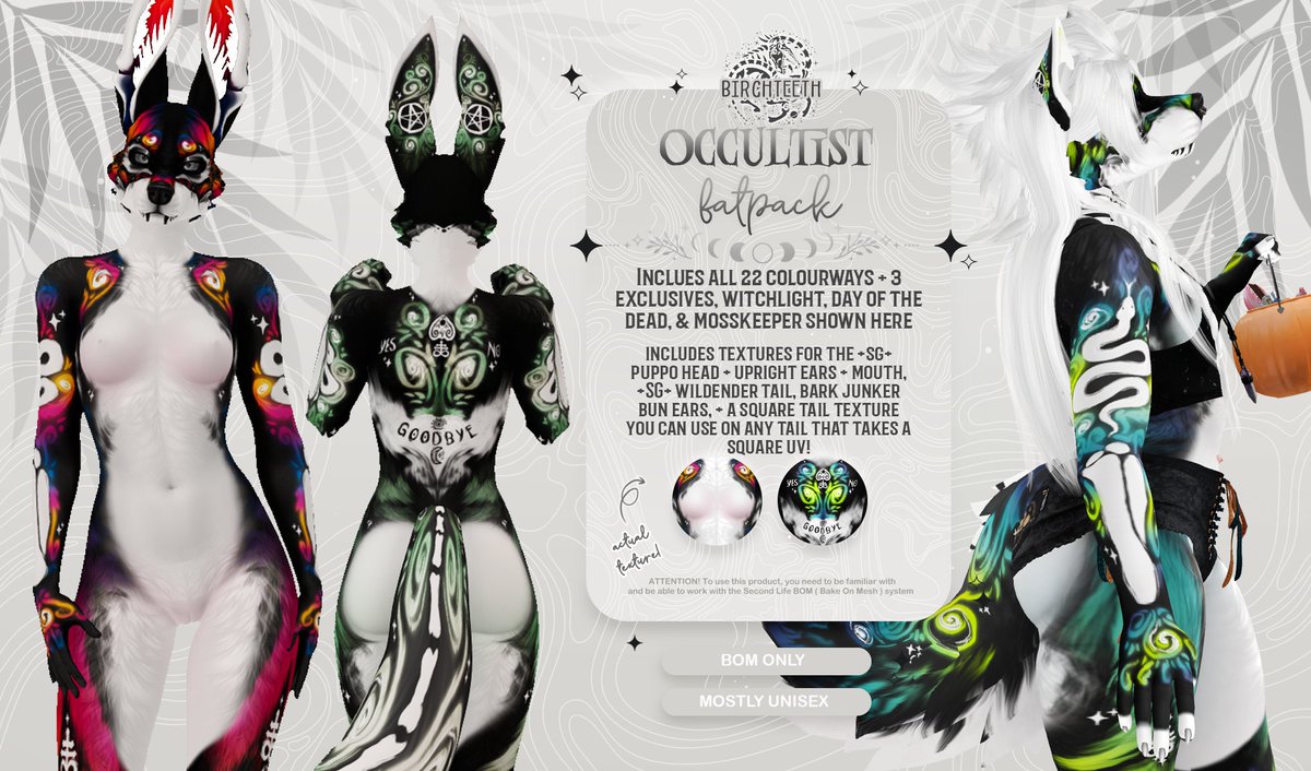 ✨ COMING TO <a href="/Abnormal_Event/">🎪 Abnormality: Freakshow 🤡</a>  10/7 ✨

Occultist for the +SG Puppo uses everything listed in the ad, and includes a texture you can use with any tail that uses a square UV.  22 colours, + in the fatpack you can get 3 BRAND new colourways, witchlight, mosskeeper + day of the dead!