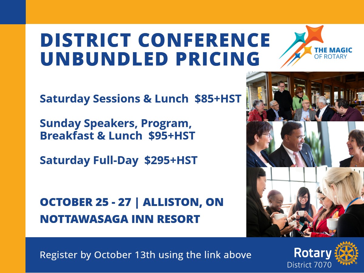 rotary7070's tweet photo. New unbundled pricing for the 2024 District Conference!
This is an irresistible opportunity to share in the Magic of Rotary within our district. 
For more options and to register, click the link below:
https://t.co/NnOfhlzK7t https://t.co/9OuglJAyHY
