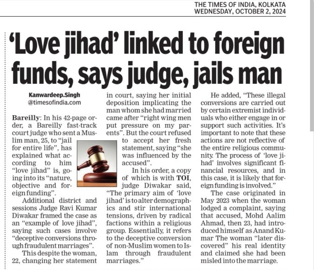 KanwardeepsTOI's tweet image. #Lovejihad has foreign funding links, says judge, sends man to jail for life in UP&apos;s Bareilly.
 In 42-page order, ADJ Ravi Diwakar,who delivered #Gyanvapi verdict, discusses the idea &amp;amp; purpose of ‘love jihad’ before sending man to prison for entire life.
 timesofindia.indiatimes.com/city/bareilly/…