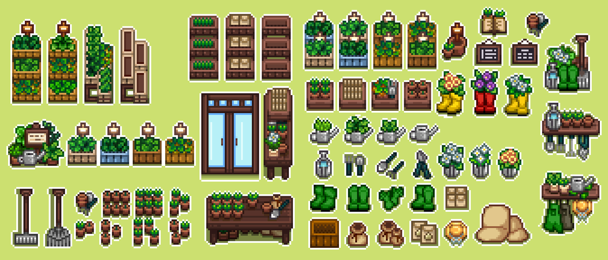 himetarts's tweet image. #StardewValley Greenhouse furniture update is now live! Enjoy over 124+ pieces to create your dream greenhouse furniture with. Whether inside your farmhouse, or within the greenhouse itself. 🪴

One of my favorite sets to work on to date ❤🌿