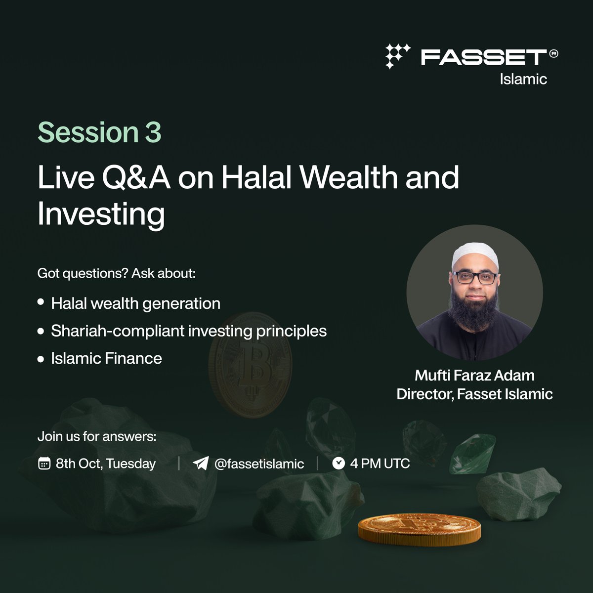 Tune in to the Fasset Islamic Telegram channel for session 3; coming up, on Tuesday, 8th October!

If you have something on your mind related to #IslamicFinance and #HalalWealth, drop your questions here 👉🏽 forms.gle/Y3jccQU1urL9Hr…

Stay tuned for more updates!