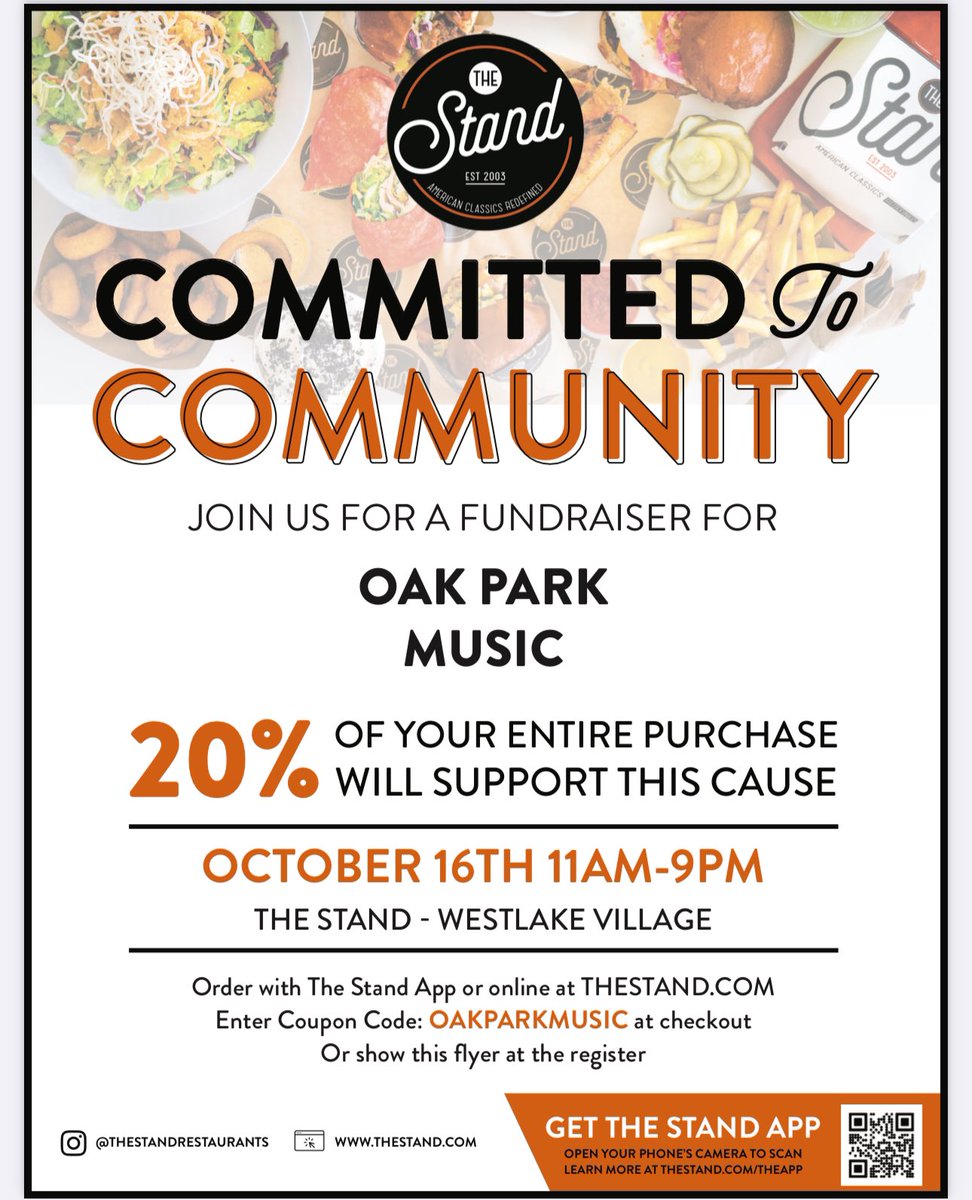 Save the date 10/16 for The Stand fundraiser to help Oak Park Music program.
