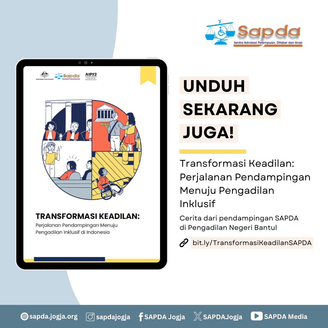 SAPDAJogja's tweet photo. Halo Sobat Inklusi!
Pengadilan inklusif tentunya menjadi sebuah keharusan yang perlu diupayakan bersama. SAPDA pun terus berkomitmen untuk mendorong pengadilan yang inklusif melalui berbagai pendampingan.
Tertarik bagaimana ceritanya? Unduh melalui https://t.co/9DsP0qOgVV https://t.co/qBpTWfok2t