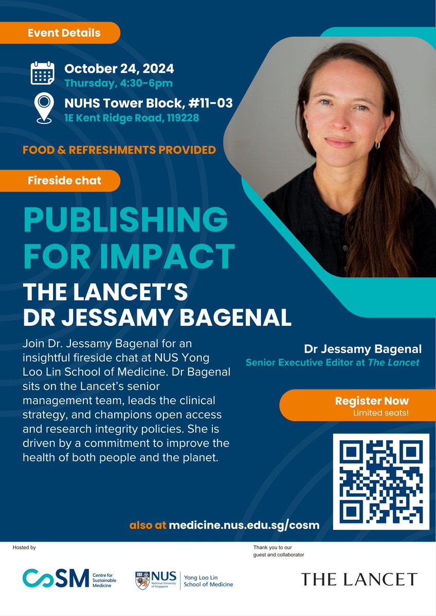 Centre for Sustainable Medicine (@sustaincosm) on Twitter photo ๐จ TOMORROW: <a href="/TheLancet/">The Lancet</a>'s Dr <a href="/JessamyBagenal/">Jessamy Bagenal BSc, MBBS, MRCS, MPH, FRSPH ๐๐ฃ๐</a> will be at <a href="/NUSMedicine/">Yong Loo Lin School of Medicine</a> in Singapore for a Fireside Chat on medical publications, impact, people & planet.
โ
Limited seatsโย RSVP now: bit.ly/3XMraNL
โฐ October 24, 4:30-6pm
๐ NUHS Tower Block, # 11-03
<a href="/NUHSofficial/">National University Health System</a> ๐จ TOMORROW: <a href="/TheLancet/">The Lancet</a>'s Dr <a href="/JessamyBagenal/">Jessamy Bagenal BSc, MBBS, MRCS, MPH, FRSPH ๐๐ฃ๐</a> will be at <a href="/NUSMedicine/">Yong Loo Lin School of Medicine</a> in Singapore for a Fireside Chat on medical publications, impact, people & planet.
โ
Limited seatsโย RSVP now: bit.ly/3XMraNL
โฐ October 24, 4:30-6pm
๐ NUHS Tower Block, # 11-03
<a href="/NUHSofficial/">National University Health System</a>