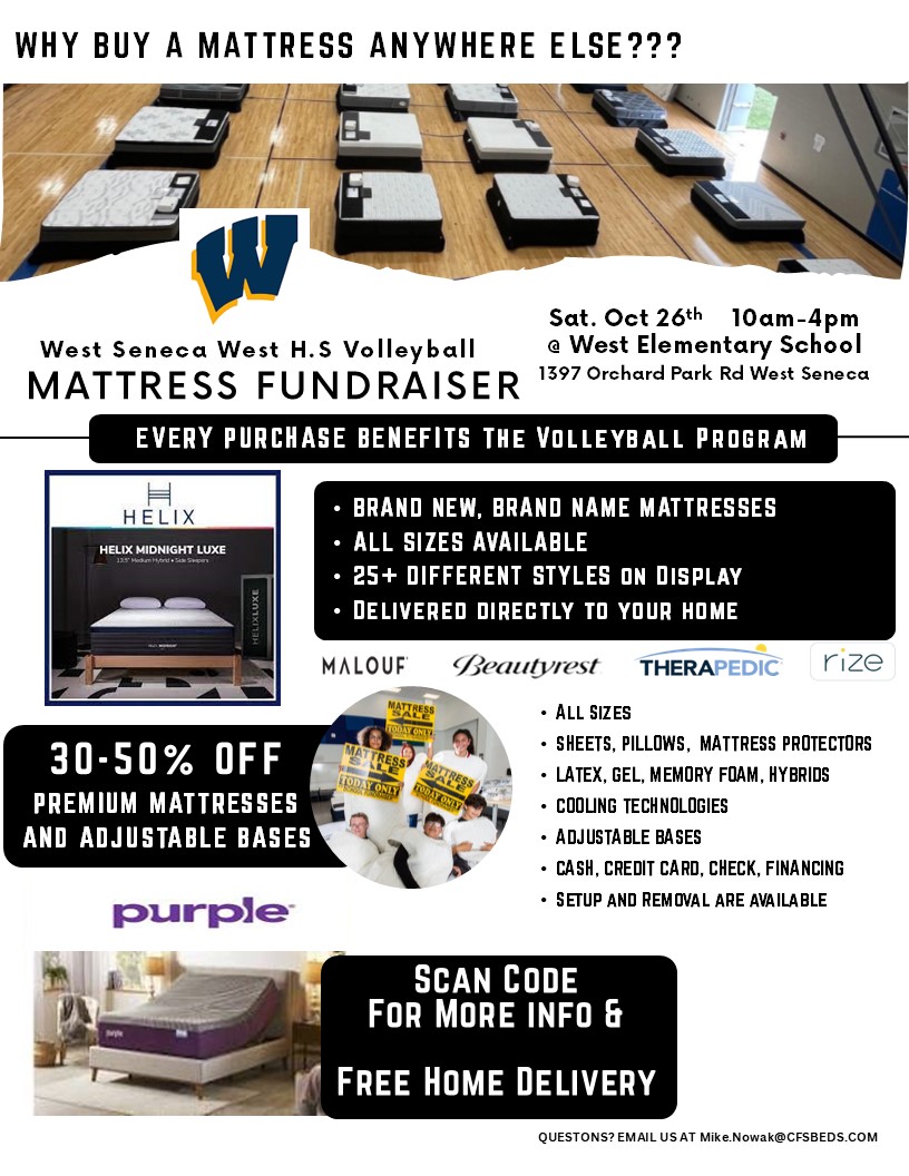 “Don’t miss out! Our school’s mattress fundraiser is happening soon. Get a great deal on a new mattress and support our students. Did you know that a quality mattress can reduce stress and improve your mood? 📅🛌 #SaveTheDate #Fundraiser #CommunityLove”