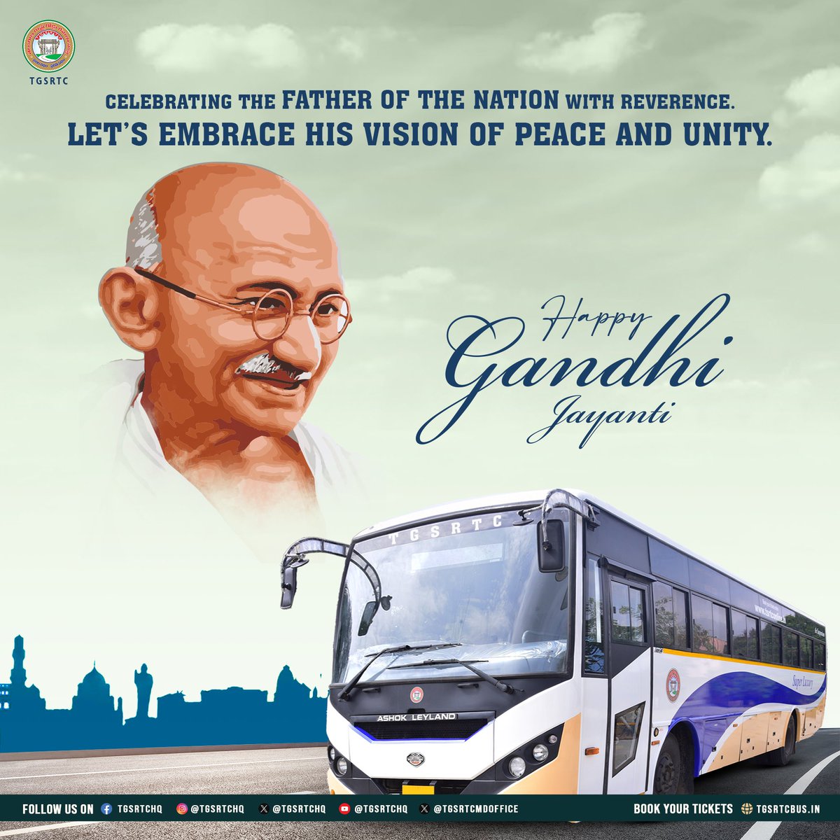 TGSRTCHQ's tweet image. On this #GandhiJayanti, let us remember the values of truth, non-violence and simplicity that Mahatma Gandhi stood for.
Together, we can create a world built on peace and unity.
#TGSRTC #Telangana #Hyderabad #TakingTelanganaForward #HappyGandhiJayanti #GandhiJayanti2024