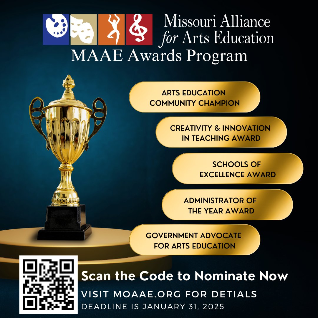 Nominations are being accepted for the  MAAE Awards til January 31. Shine a spotlight on your district, recognize an innovative teacher, a supportive administrator, or a government or community arts champion nominate them today at moaae.org!