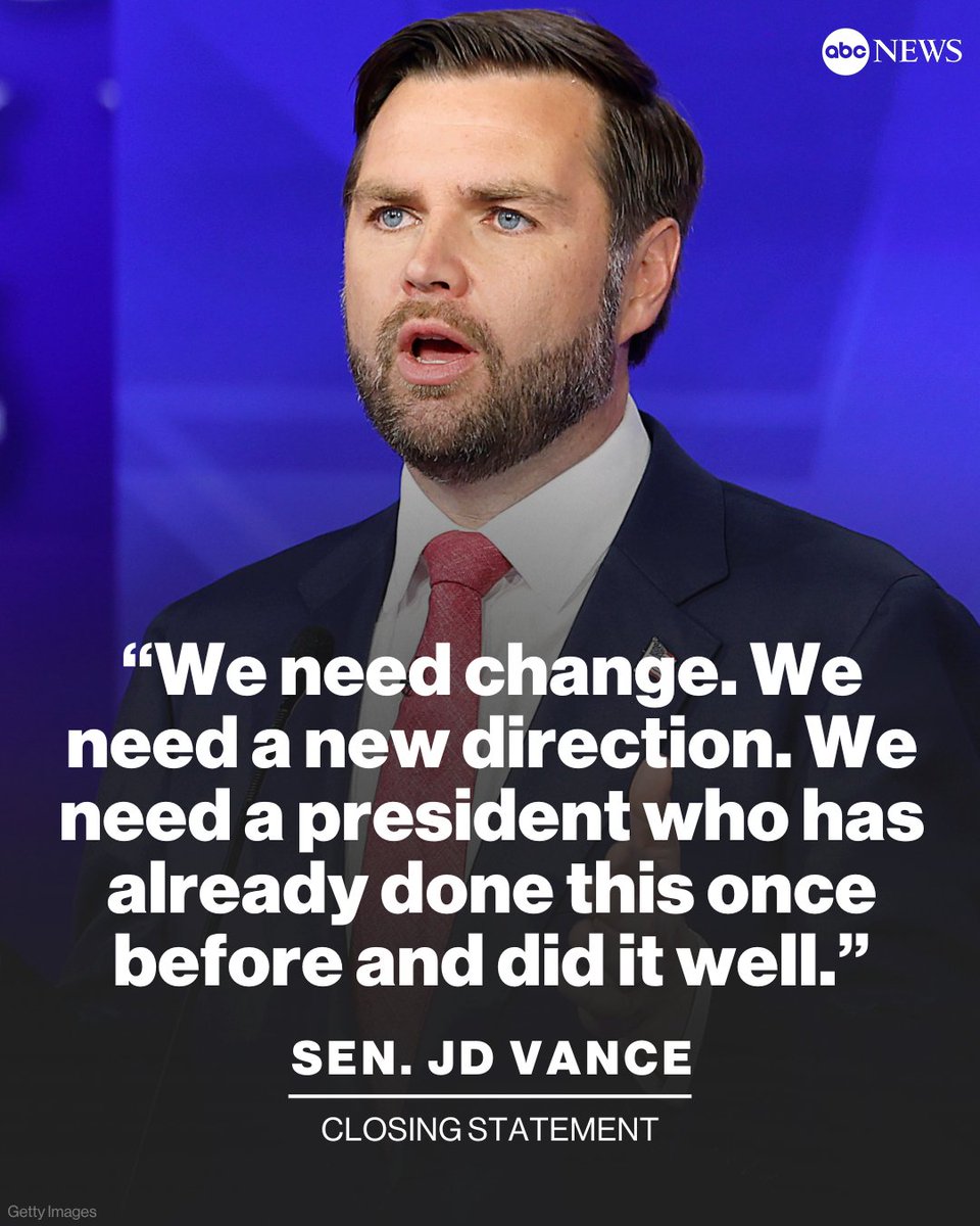 ABC's tweet photo. Sen. JD Vance ended the vice presidential debate with a closing statement calling out Kamala Harris' policies.

Follow live updates: https://t.co/C9HbdGNgXv https://t.co/LtVkUEajBj