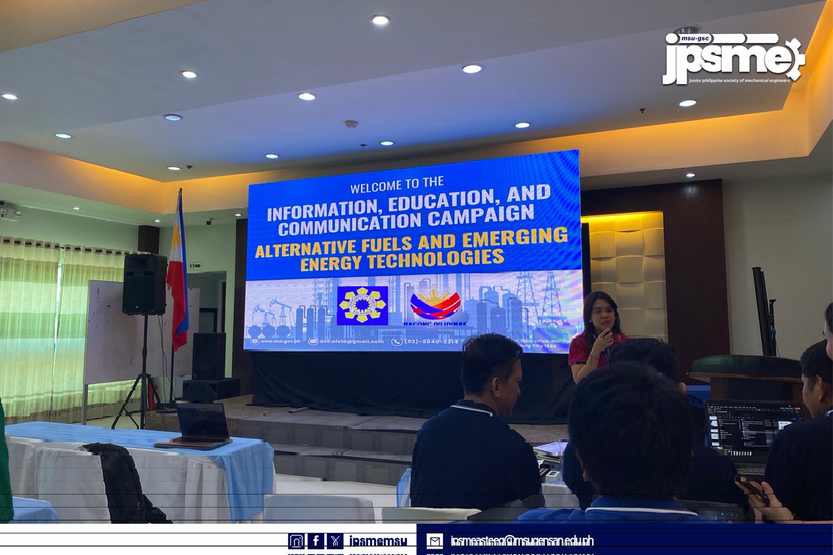 JPSMEMSU's tweet photo. HAPPENING NOW | The IEC Campaign on Alternative Fuels and Emerging Energy Technologies is underway at East Asia Royale Hotel, GenSan. Hosted by DOE, the event promotes energy efficiency and conservation. MSU-Gensan mechanical engineering students are actively participating. https://t.co/JUrACamNe5