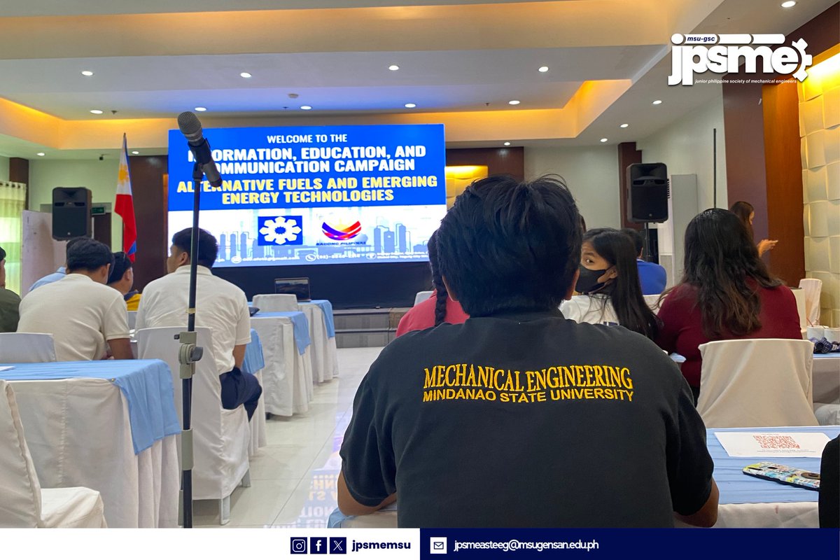 JPSMEMSU's tweet photo. HAPPENING NOW | The IEC Campaign on Alternative Fuels and Emerging Energy Technologies is underway at East Asia Royale Hotel, GenSan. Hosted by DOE, the event promotes energy efficiency and conservation. MSU-Gensan mechanical engineering students are actively participating. https://t.co/JUrACamNe5