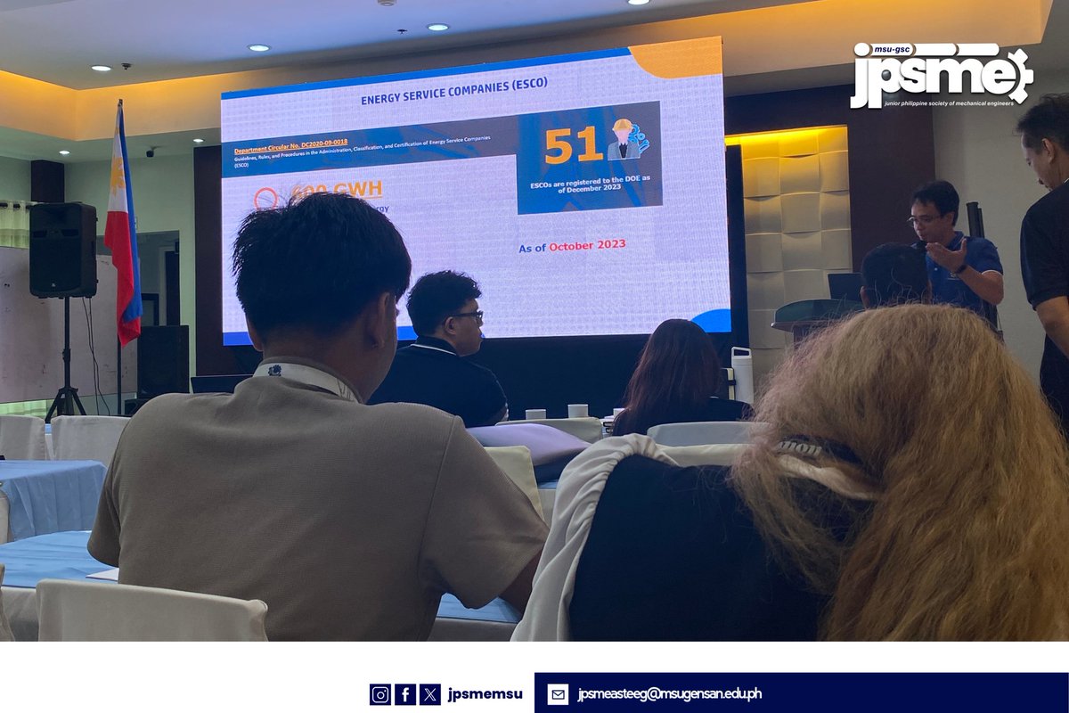 JPSMEMSU's tweet photo. HAPPENING NOW | The IEC Campaign on Alternative Fuels and Emerging Energy Technologies is underway at East Asia Royale Hotel, GenSan. Hosted by DOE, the event promotes energy efficiency and conservation. MSU-Gensan mechanical engineering students are actively participating. https://t.co/JUrACamNe5