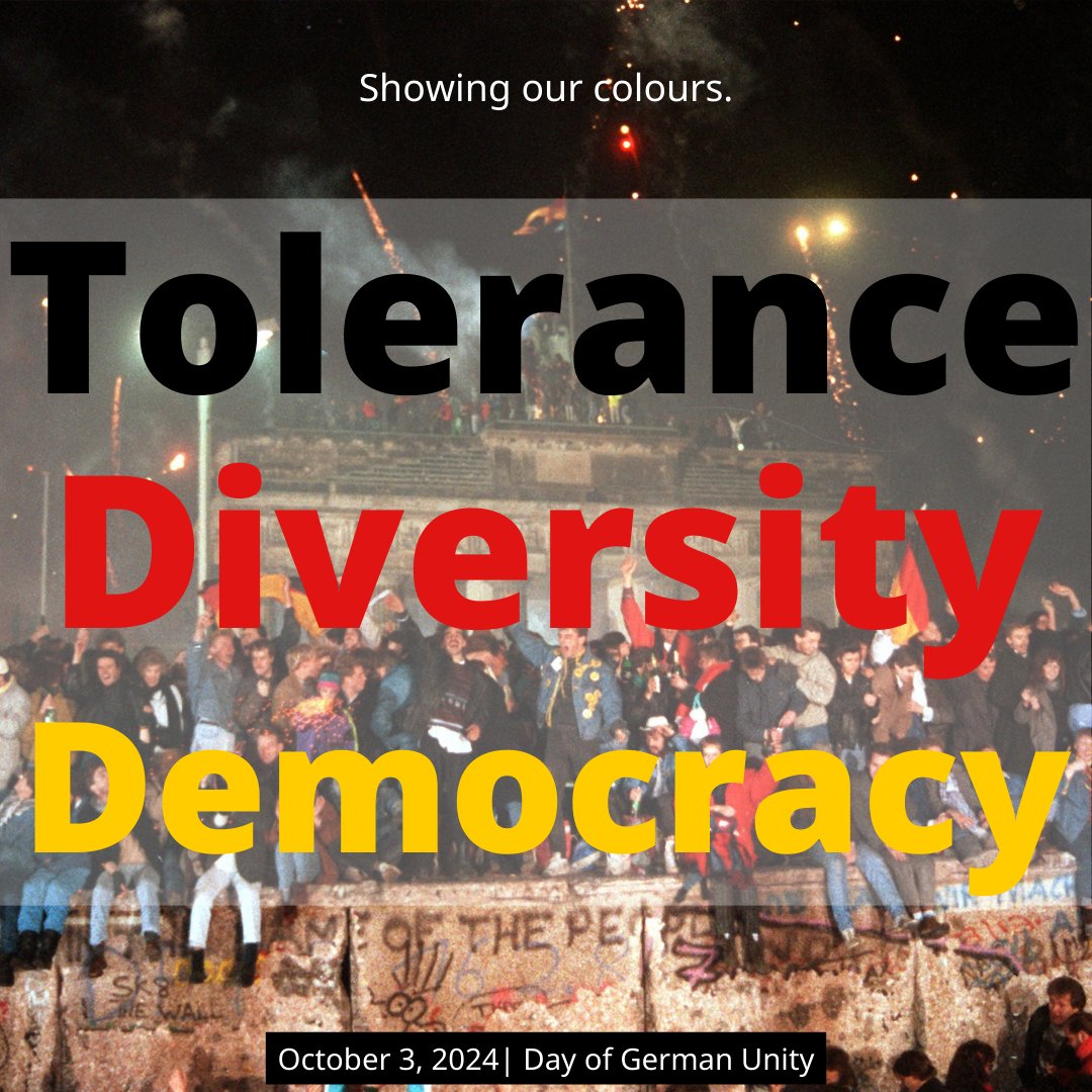 On the Day of German Unity 🇩🇪👏🎉 we celebrate not only reunification, but also the values that make us strong: Tolerance, diversity, and democracy. 

These principles need our daily commitment - for an open society.

#DayofGermanUnity2024 <a href="/AuswaertigesAmt/">Auswärtiges Amt</a> <a href="/GermanyDiplo/">GermanForeignOffice</a>