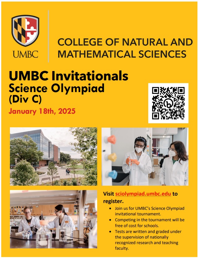 Teams, see below for information about the return of the UMBC Invitational for Div. C, coming Jan 18, 2025!

scilympiad.com/data/org/md/pu…
