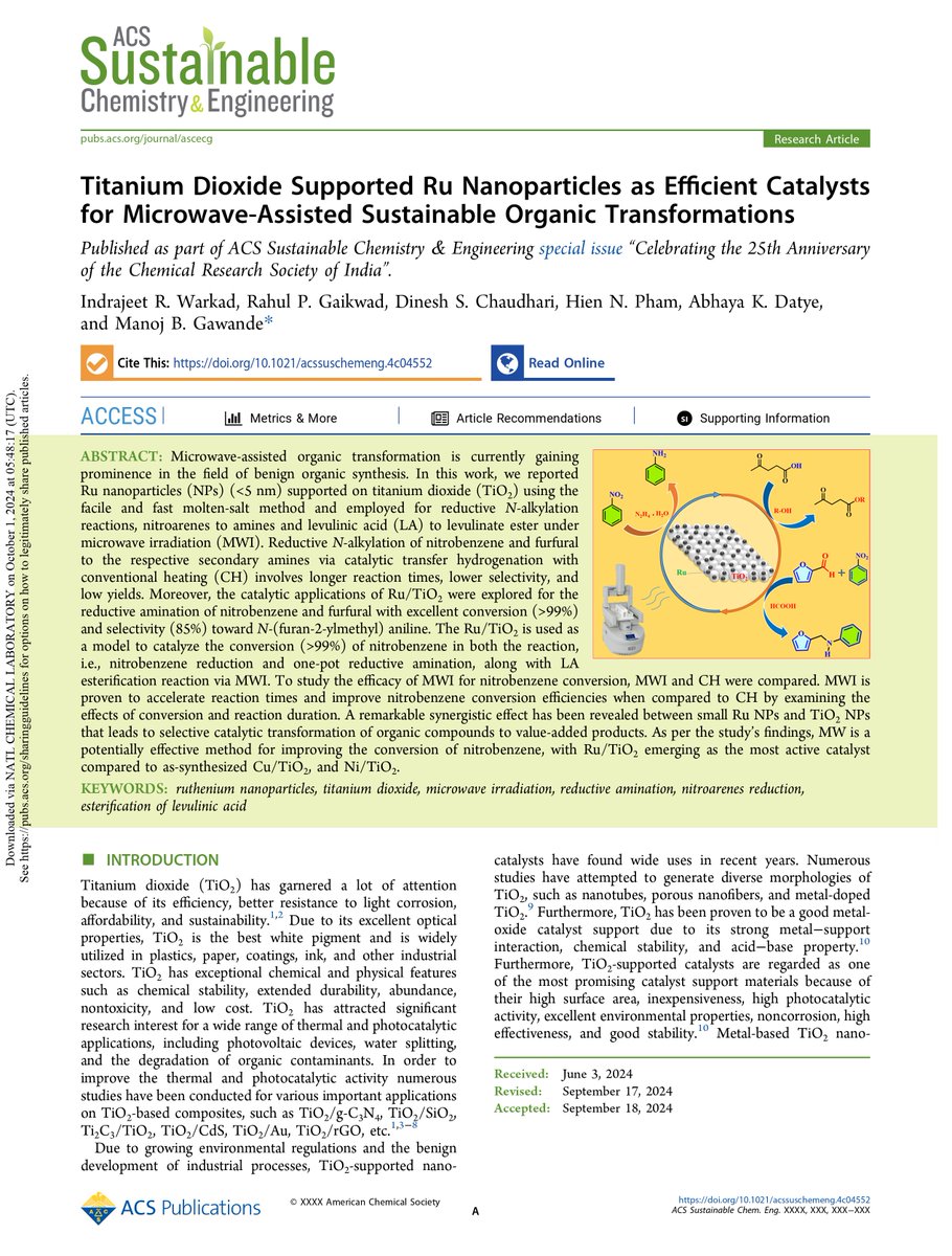 Prof. Manoj B. Gawande, FRSC, Doc (habil) (@drmanojbgawand1) on Twitter photo Pleased to share "Titanium Dioxide Supported Ru Nanoparticles as Efficient Catalysts for Sustainable Organic Transformations" published as part of ACS Sustainable Chemistry & Engineering 2024,
pubs.acs.org/doi/10.1021/ac…
<a href="/ACSSustainable/">ACS Sustainable Journals</a> , <a href="/ICTMumbai1933/">Institute of Chemical Technology</a> Pleased to share "Titanium Dioxide Supported Ru Nanoparticles as Efficient Catalysts for Sustainable Organic Transformations" published as part of ACS Sustainable Chemistry & Engineering 2024,
pubs.acs.org/doi/10.1021/ac…
<a href="/ACSSustainable/">ACS Sustainable Journals</a> , <a href="/ICTMumbai1933/">Institute of Chemical Technology</a>