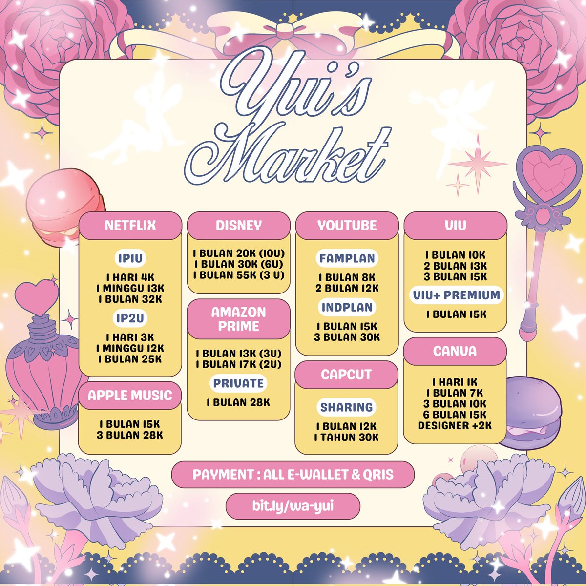 ready semuaaa💃🏻
netflix
viu
disney+ hotstar
prime vidio / amazon prime
canva 
youtube 
apple music  
capcut

murah premium anti limit harian sharing household🍟

( #zonauang )