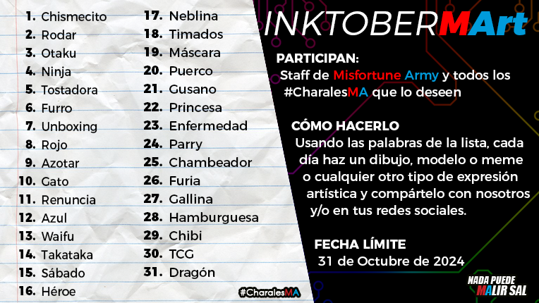 ArmyMisfortune's tweet image. Se nos ocurrió crear nuestro propia propio INKTOBER .Así que, aquí está la lista de palabras a usar, PERO OJO si el dibujo no es lo suyo, pueden unirse con cualquier tipo de expresión artística y/o haciendo memes.