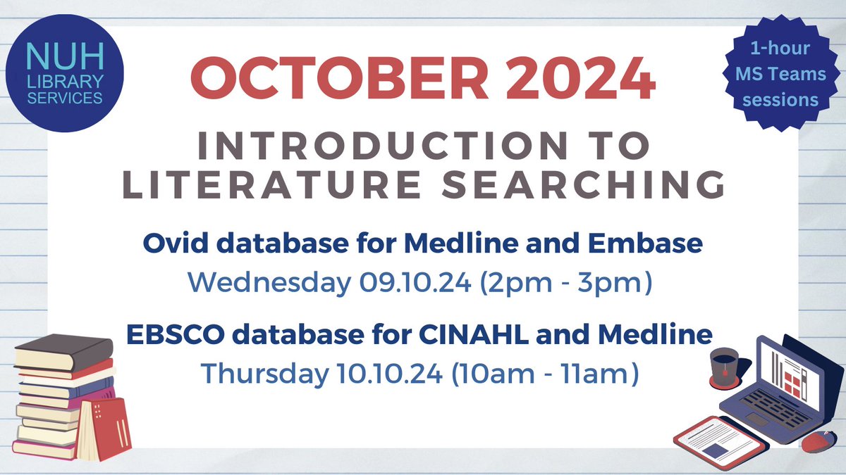 📑 Want to know more about using databases to search for medical research? 📑 

Book onto one of our monthly training sessions, open to all <a href="/nottmhospitals/">Nottingham University Hospitals</a> staff &amp; held over Microsoft Teams. View all of our courses &amp; book your place here: bit.ly/4bjTxc3.