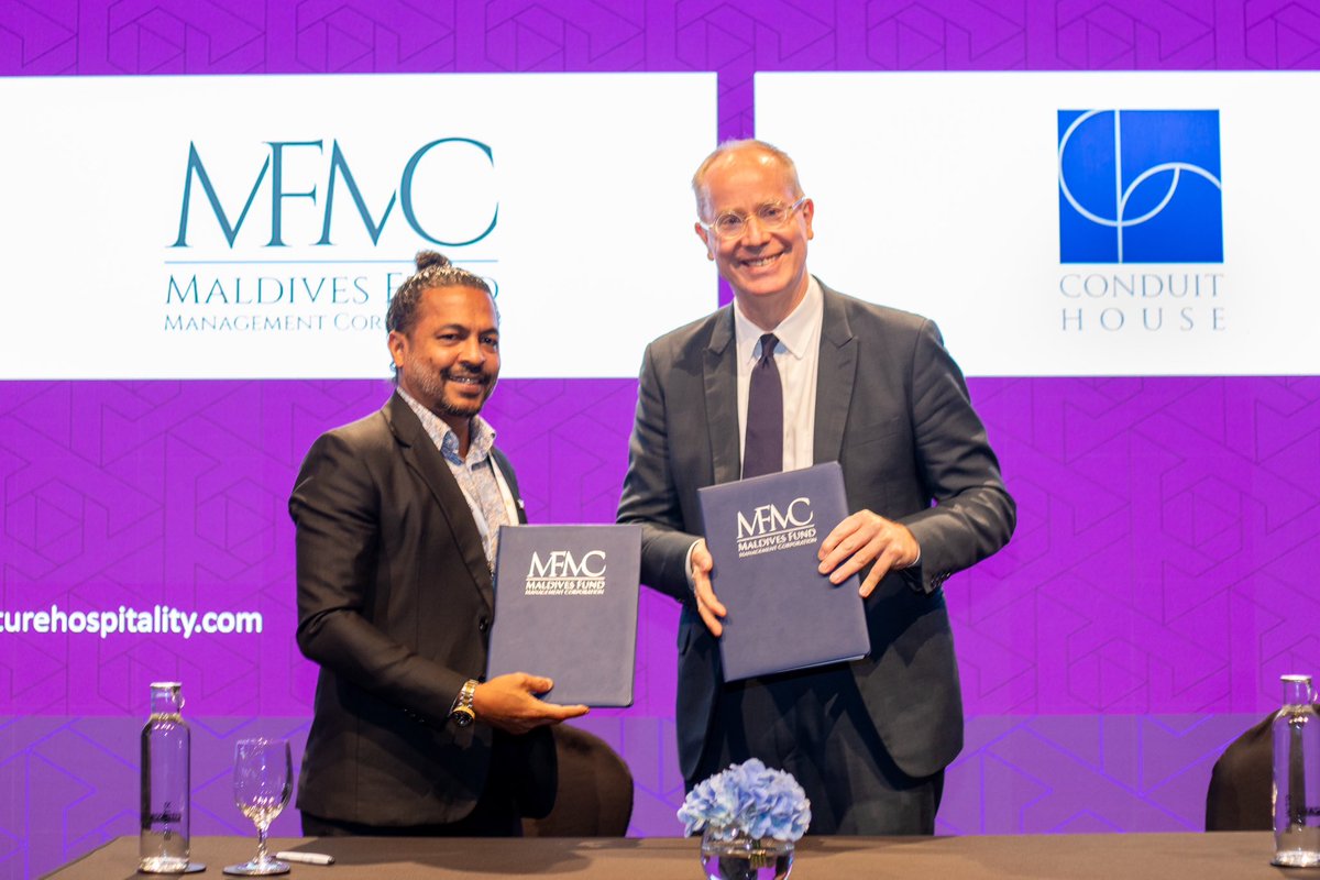 mfmc_mv's tweet photo. A milestone event for MFMC! MFMC signs with Conduit House to operate and manage hotel properties in Hankede, Addu Atoll during #FHSWorld Dubai! https://t.co/ZkFLXjSuJg
