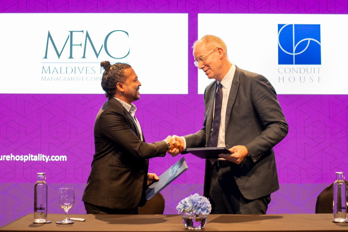 mfmc_mv's tweet photo. A milestone event for MFMC! MFMC signs with Conduit House to operate and manage hotel properties in Hankede, Addu Atoll during #FHSWorld Dubai! https://t.co/ZkFLXjSuJg