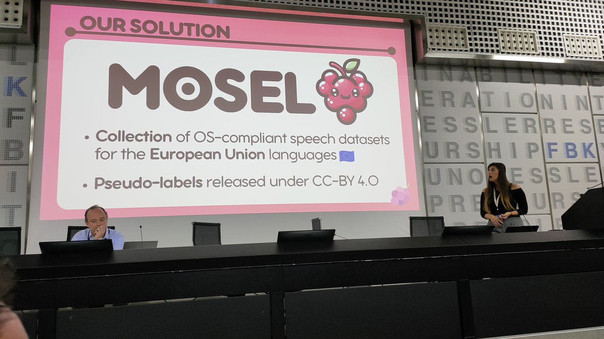 Now it's our <a href="/sarapapi/">Sara Papi</a> presenting "Mosel: 950,000 Hours of Speech Data for Open-Source Speech Foundation Model Training on EU Languages" soon to be published at #EMNLP2024 

#LT2024FBK
