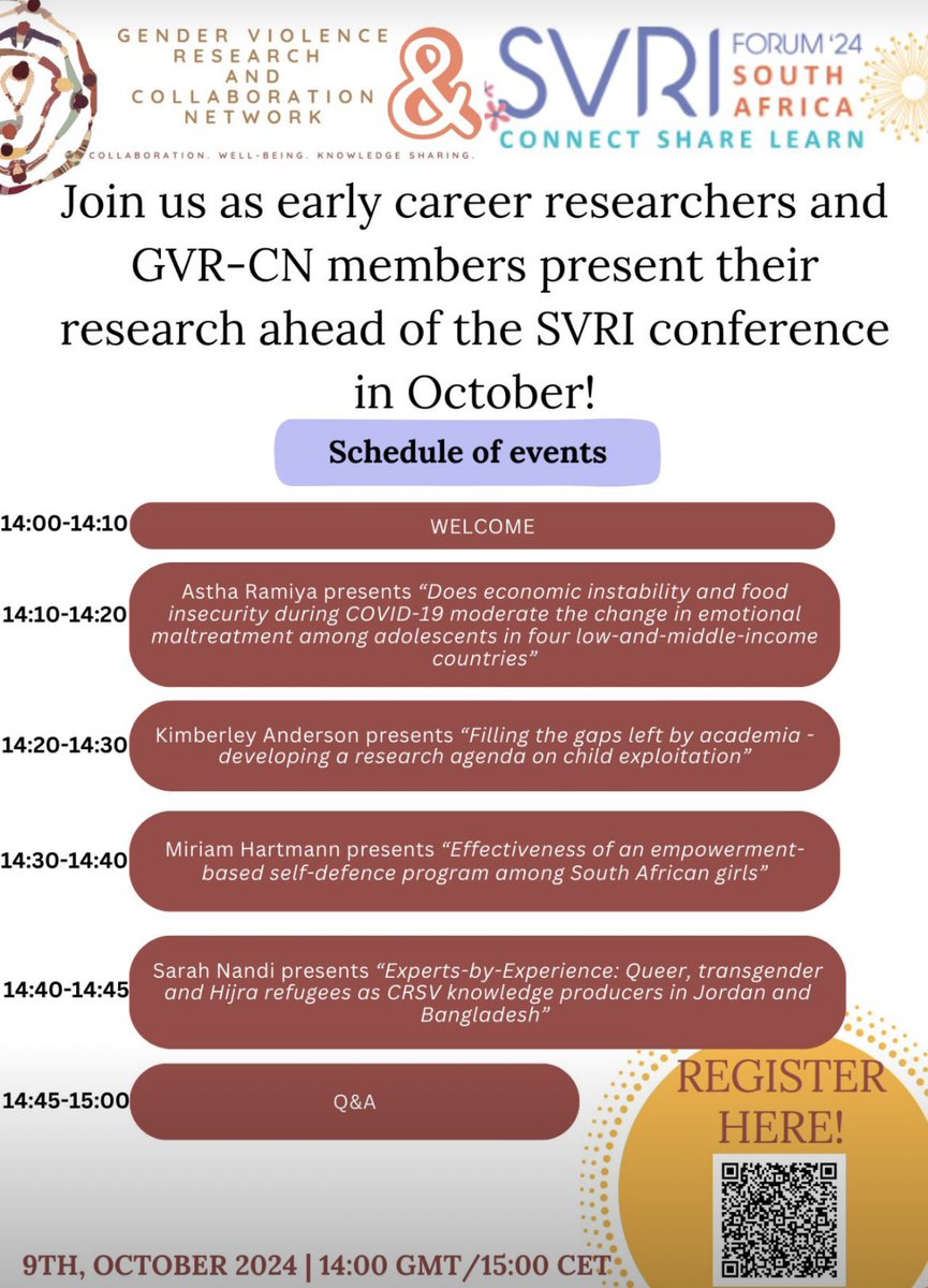 Just one week to go! 🎉 Join us on 9th Oct at 2pm BST for our pre-SVRI event with four top researchers in gender-based violence. Get a sneak peek into groundbreaking work! Don’t miss out – register here: shorturl.at/W0uQQ #SVRI #GenderBasedViolence #Research
@TheSVRI