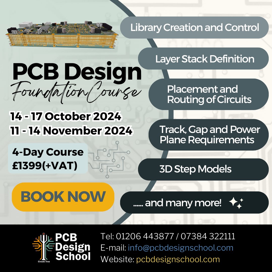 With PCB Design skills, you can develop more cost-effective designs, enhancing the performance of your projects.

Book now to join the course in October or November!

Course details 👉 pcbdesignschool.com/courses
Enrolment form 🔗 bit.ly/pcbds-reg