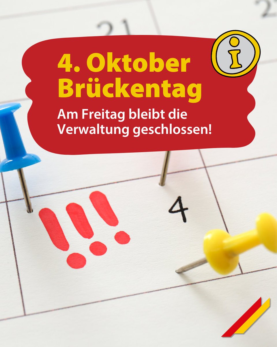 Am Freitag (04.10.) ist bei uns Brückentag 📅 Die Verwaltung bleibt also am kommenden Freitag bis auf wenige Ausnahmen geschlossen! #bitteeinplanen
Die Ausnahmen: KOS, Verkehrsüberwachung, FW, Zentralbibliothek + die Stadtbib RY. Ab Montag sind wir wieder wie gewohnt für euch da!