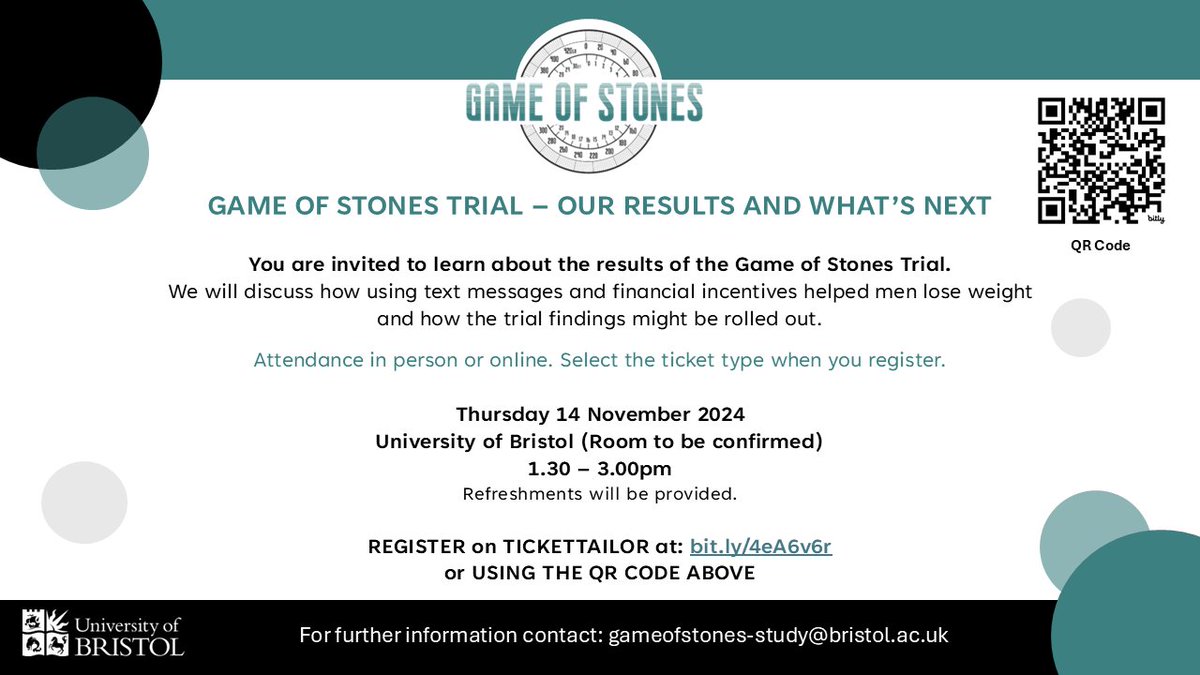 Join us for a special event to hear about findings from the Game of Stones Trial (text messages + financial incentives to support men trying to lose weight) &amp; discuss their implementation in local services.

14 Nov, 1.30-3pm in person or online.

Register: tickettailor.com/events/gameofs…