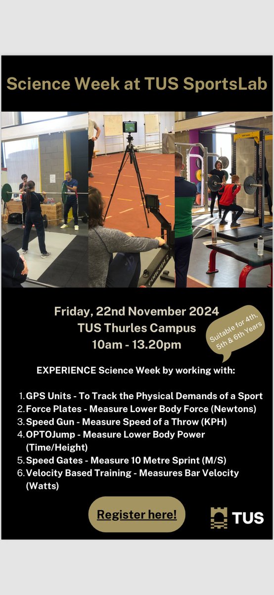 MFennellyKK's tweet photo. SCIENCE WEEK - Complimentary opportunity for students who are interested in Sports Science and want to experience Technology used in High Performance Sports Environments. Register your school interest in below link. Limited spaces @TUSSportCourses Thurles https://t.co/ksQEOGb6Bq https://t.co/pjMaUTKBK1