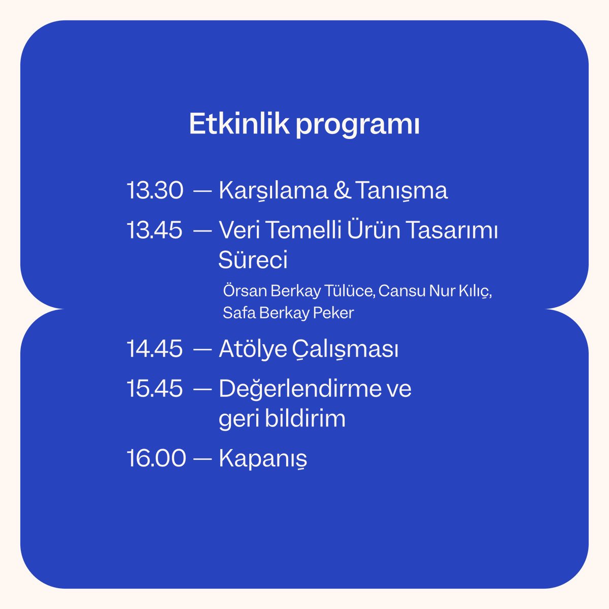 Herkese yeniden merhaba!
UXRPlayground ile gerçekleştireceğimiz etkinliğimize yalnızca birkaç gün kaldı⚡️ Bu Cumartesi günü bizi neler bekliyor, tekrar bir göz atalım 👇
 
Hafta sonu görüşmek üzere!