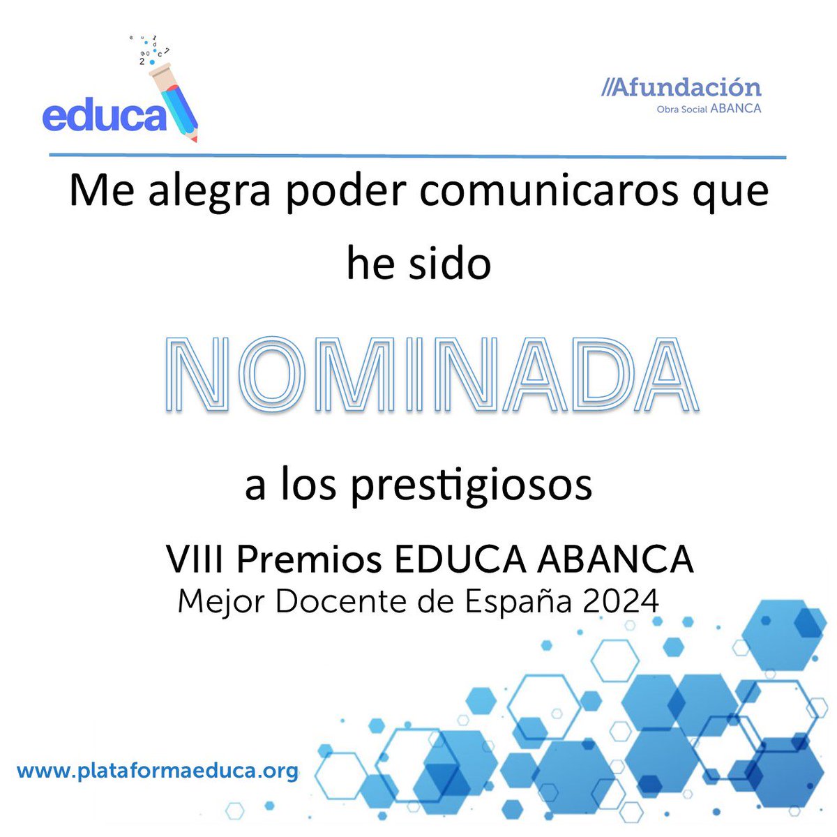 igmartinez__'s tweet photo. Es un placer compartir mi nominación al premio EDUCA #premioseducaabanca en la categoría #universidad @CanalUGR a la mejor docente de España 2024 @educa_s https://t.co/A9wYw5LkES