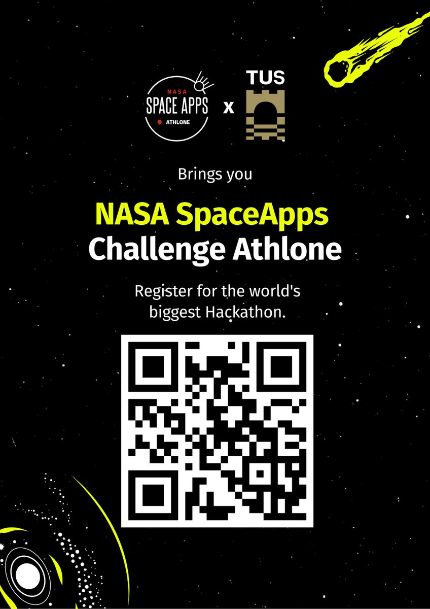 🚀 Join the NASA SpaceApps Challenge Athlone on October 4-6! 🌍
📍Location: Engineering Building, TUS 
Solve real-world problems with open NASA data! 

🔗 Register now: spaceappschallenge.org/nasa-space-app…

Scan the QR code for more info. 
#Hackathon #NASA #SpaceApps #Innovation #TUS #Athlone