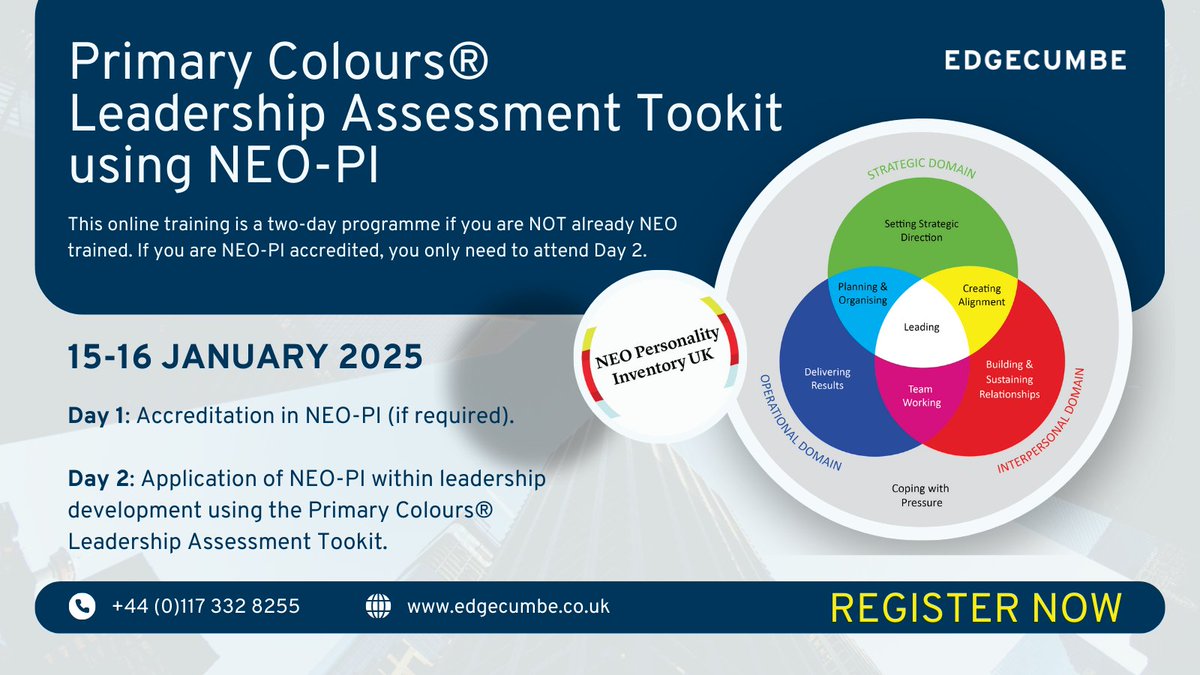 Bookings are now open for our online #Training and #Accreditation for the Primary Colours® Leadership Assessment Toolkit using NEO-PI.

📅15-16 January 2025

Find out more or reserve your space now ➡️➡️edgecumbe.co.uk/training/neo-p…

#Leadership #LeadershipDevelopment