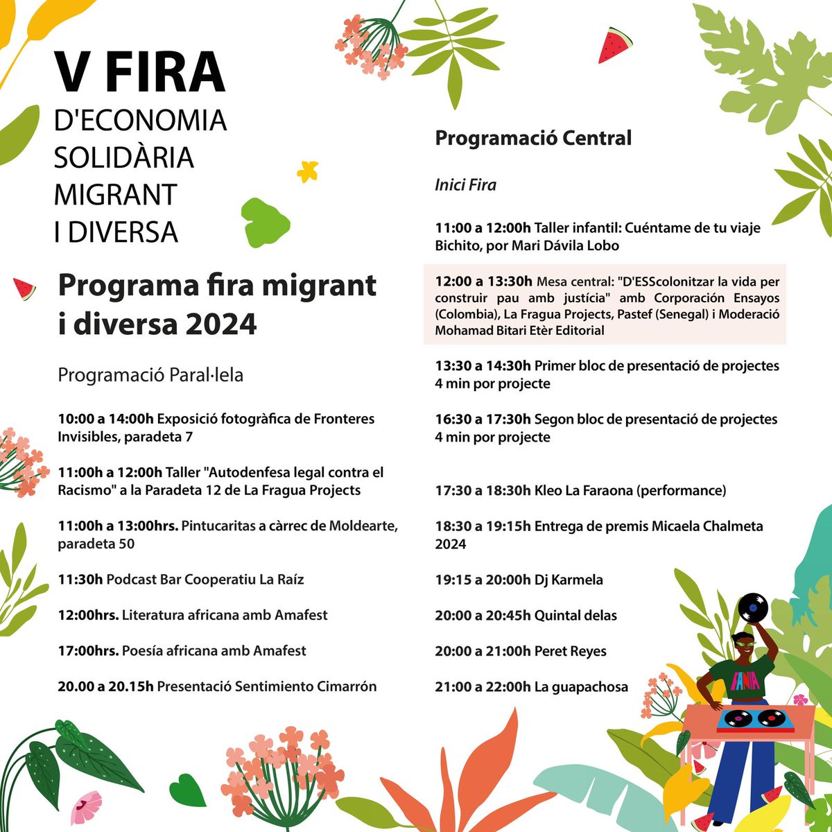 Aquest dissabte, 5 d'octubre, participarem en la V Fira d'Economia Solidària, Migrant i Diversa 🙌 Aquest any, el lema és "Descolonitzar la vida per construir pau amb justícia" 🌿Ens veiem a Plaça Catalunya (Barcelona). No t'ho perdis! 💚