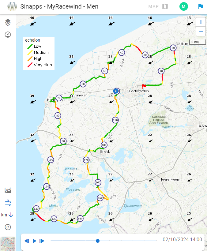 🌬️crosswinds and open landscapes, ... the perfect recipe for some echelon action in today's #Elfstedenrace. The #MyRacewind echelon predictor shows a lot of yellow, orange and red alert zones! 🚨myracewind.imdcapps.be/racewind-barom…