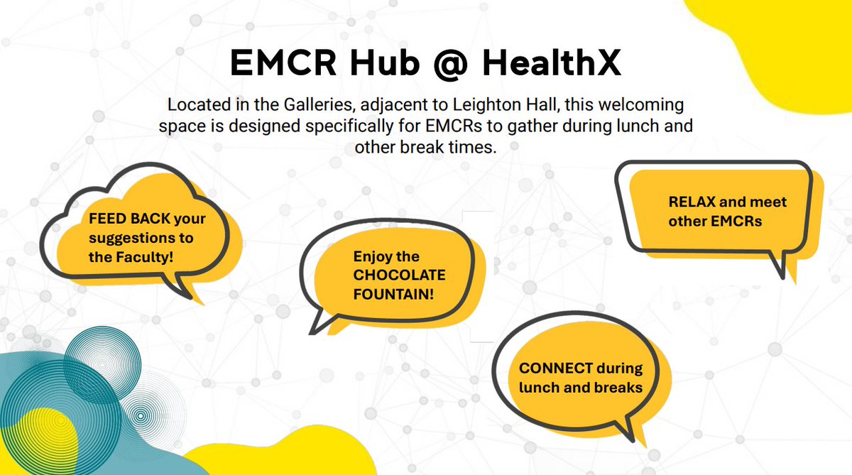For the upcoming HealthX Symposium on 14th October,  there will be a dedicated space exclusively for Early and Mid-Career Researchers, named the EMCR Hub.
The EMCR Hub will feature amenities such as a chocolate fountain, comfortable seating and decorations and more!